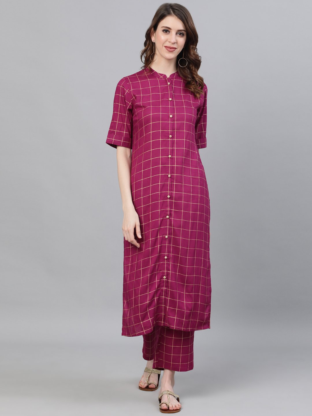 Ishin Women's Rayon Purple Foil Printed A-Line Kurta Palazzo Set