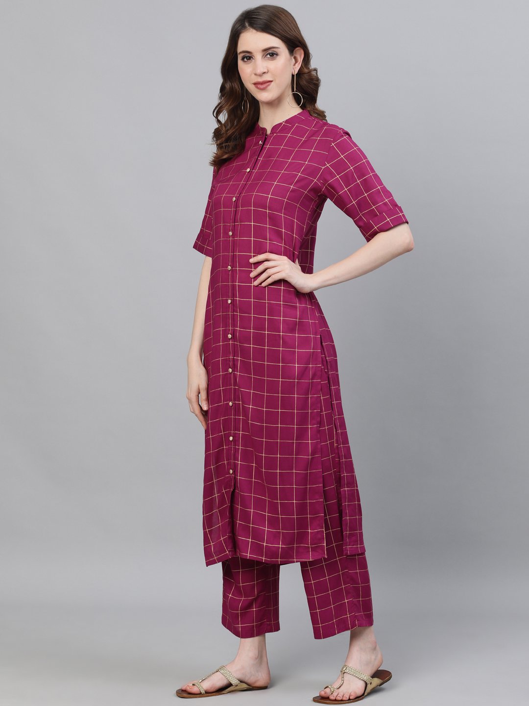 Ishin Women's Rayon Purple Foil Printed A-Line Kurta Palazzo Set