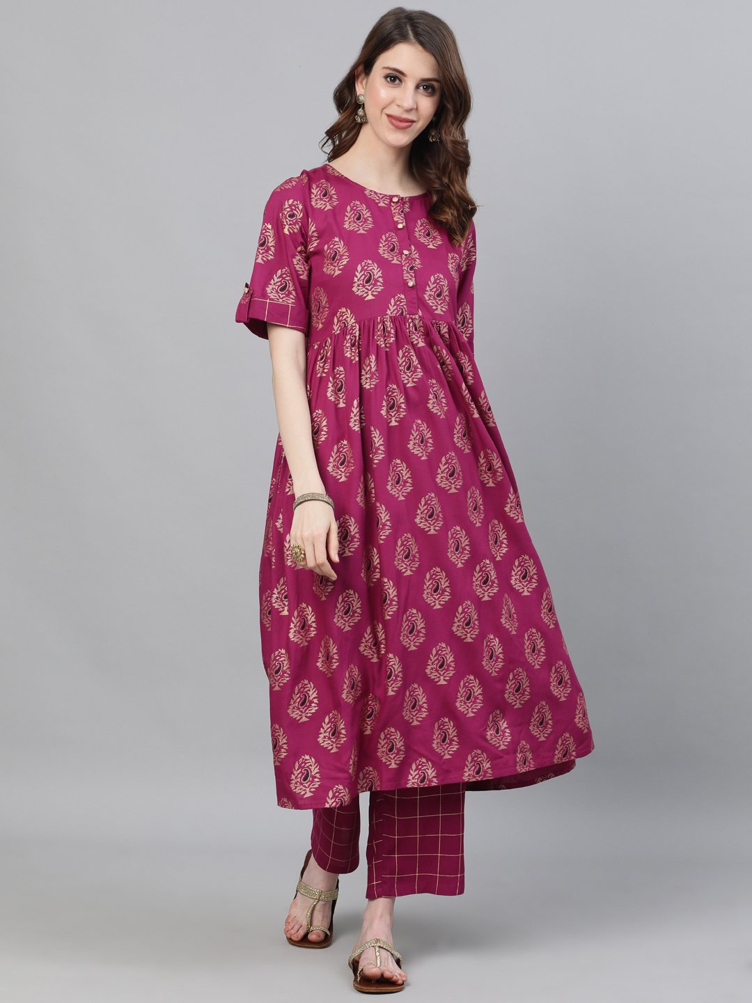 Ishin Women's Rayon Purple Foil Printed Anarkali Kurta Palazzo Set