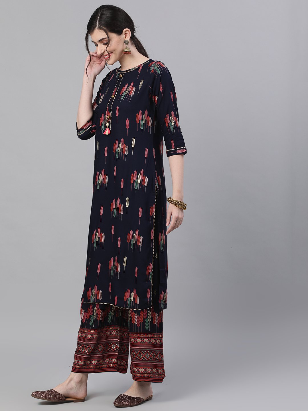 Ishin Women's Rayon Navy Blue Foil Printed Straight Kurta Palazzo Set