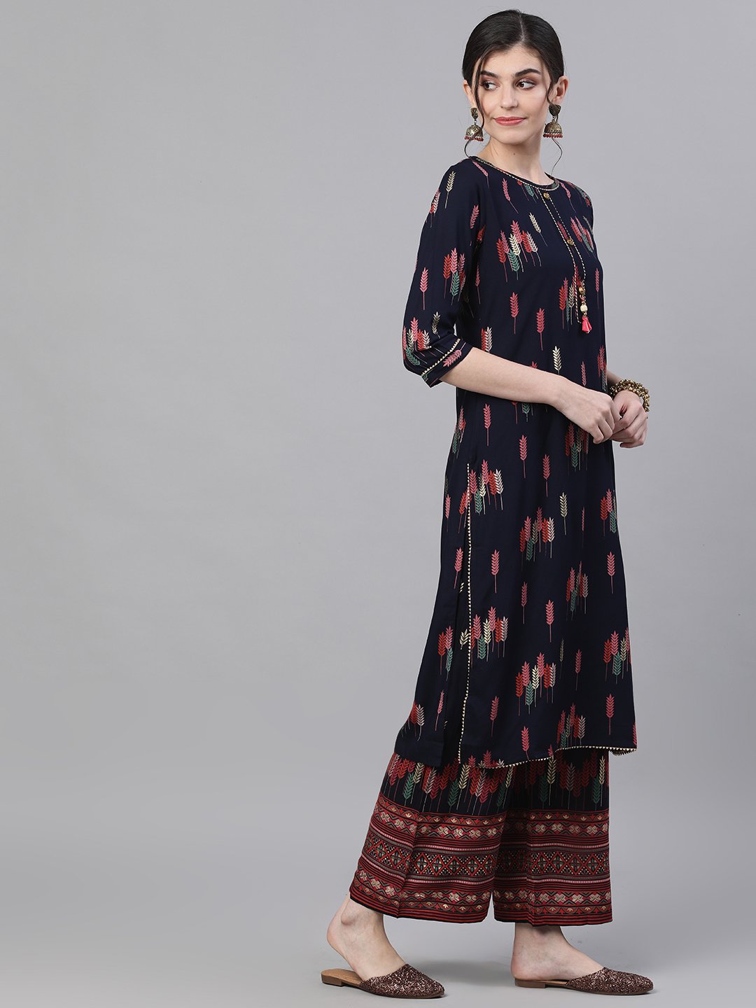 Ishin Women's Rayon Navy Blue Foil Printed Straight Kurta Palazzo Set