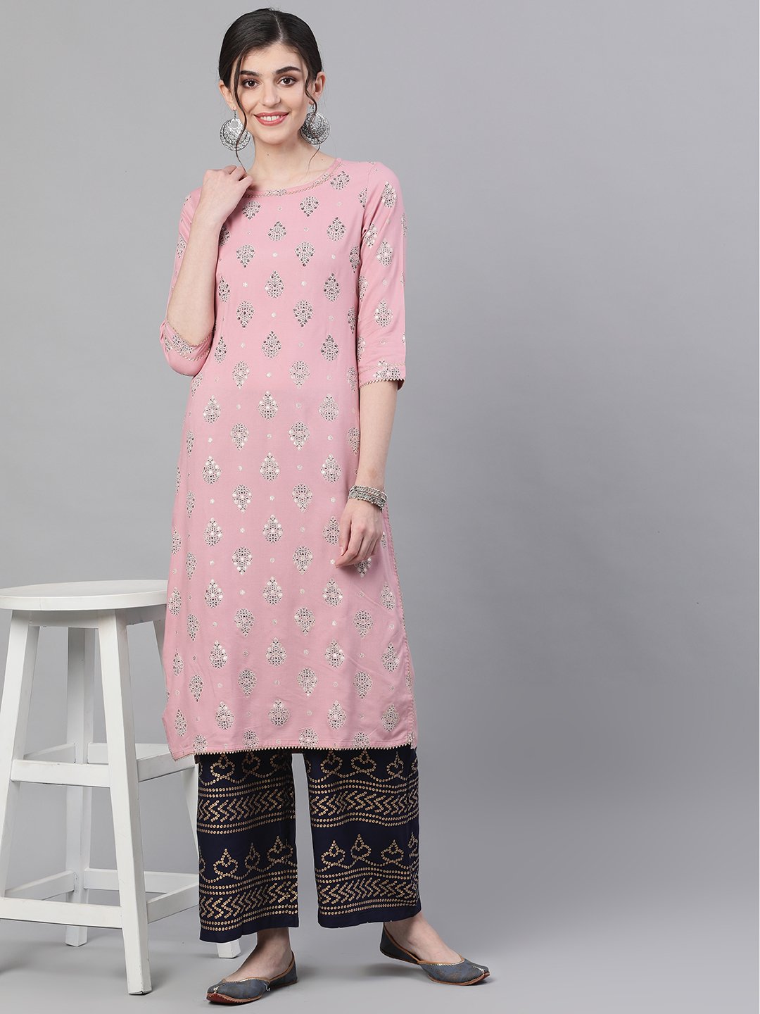 Ishin Women's Rayon Pink & Blue Foil Printed Straight Kurta Palazzo Set