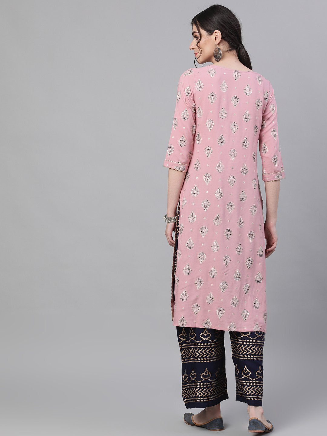 Ishin Women's Rayon Pink & Blue Foil Printed Straight Kurta Palazzo Set