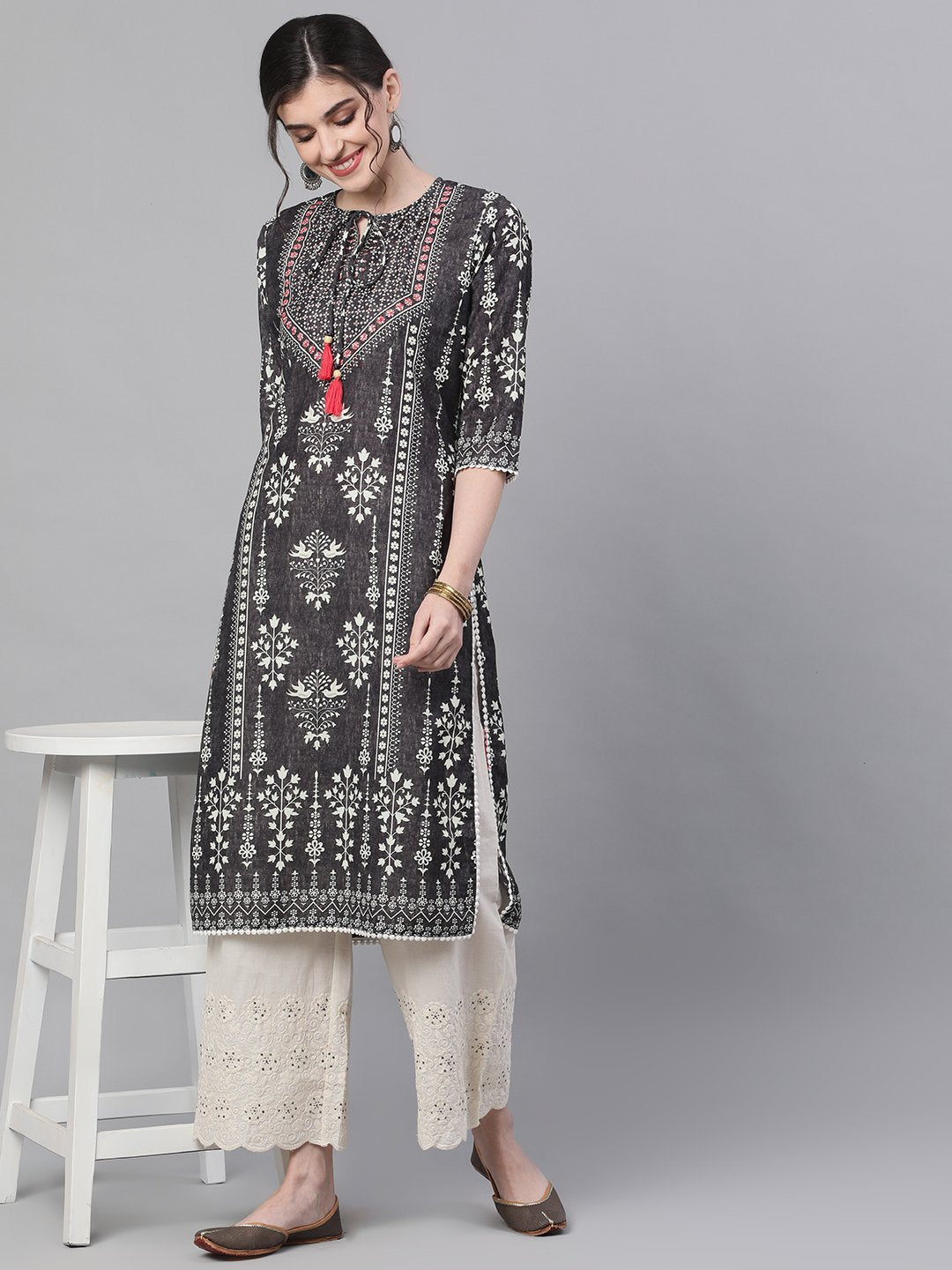 Ishin Women's Rayon Charcoal & Off White Embroidered A-line Kurta Palazzo Set