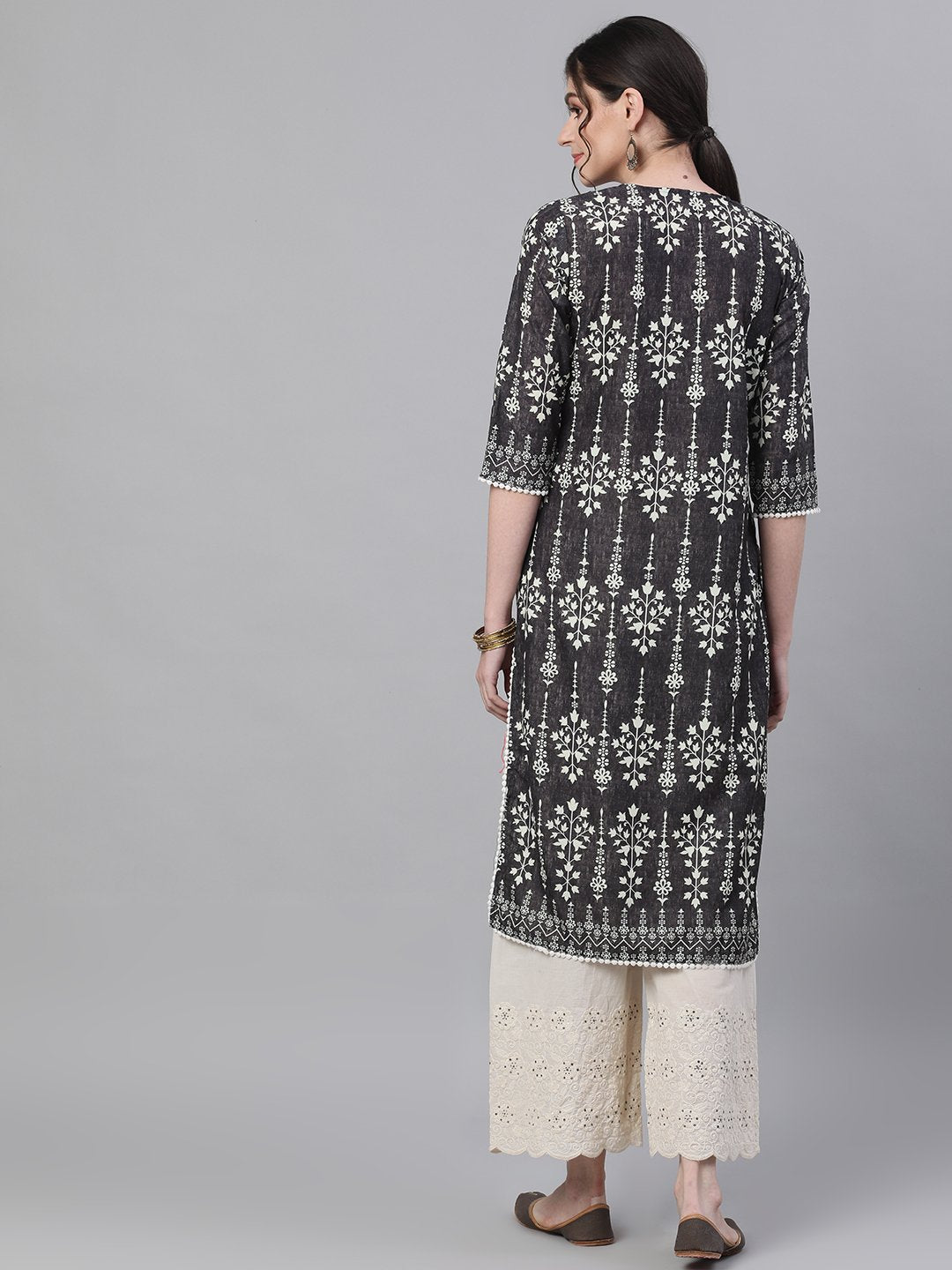 Ishin Women's Rayon Charcoal & Off White Embroidered A-line Kurta Palazzo Set