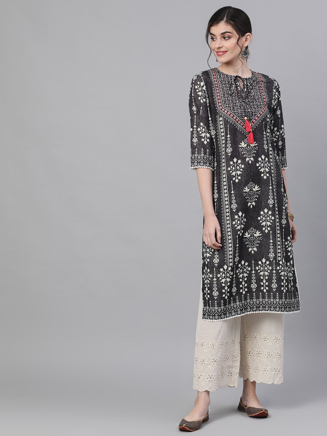 Ishin Women's Rayon Charcoal & Off White Embroidered A-line Kurta Palazzo Set