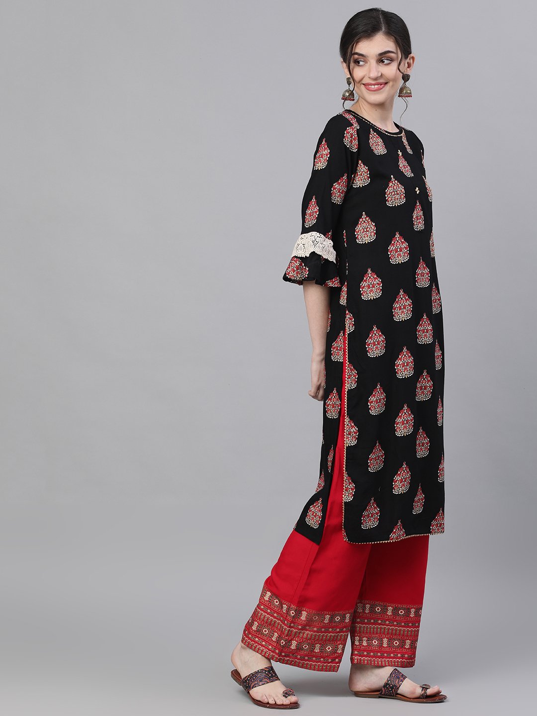 Ishin Women's Rayon Black & Red Sequinned Foil Printed Straight Kurta Palazzo Set