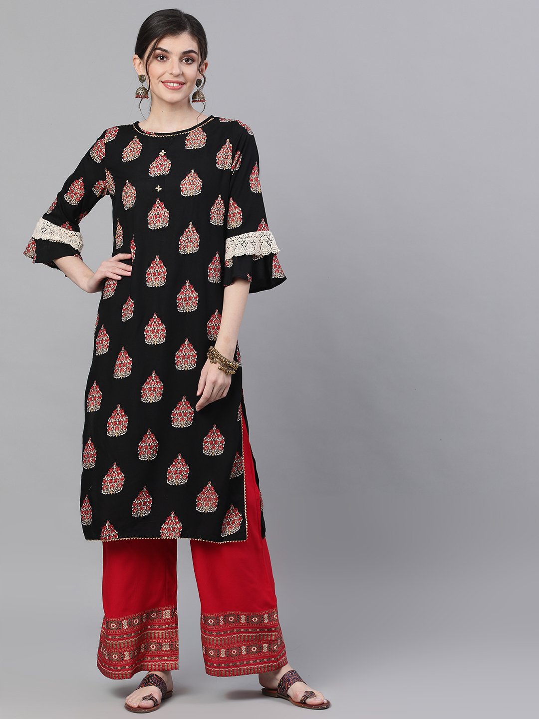 Ishin Women's Rayon Black & Red Sequinned Foil Printed Straight Kurta Palazzo Set