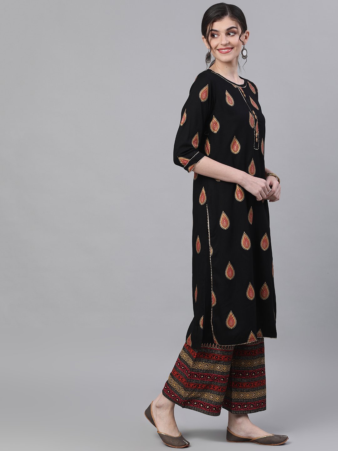 Ishin Women's Rayon Black Foil Printed With Gota Patti Straight Kurta Palazzo Set