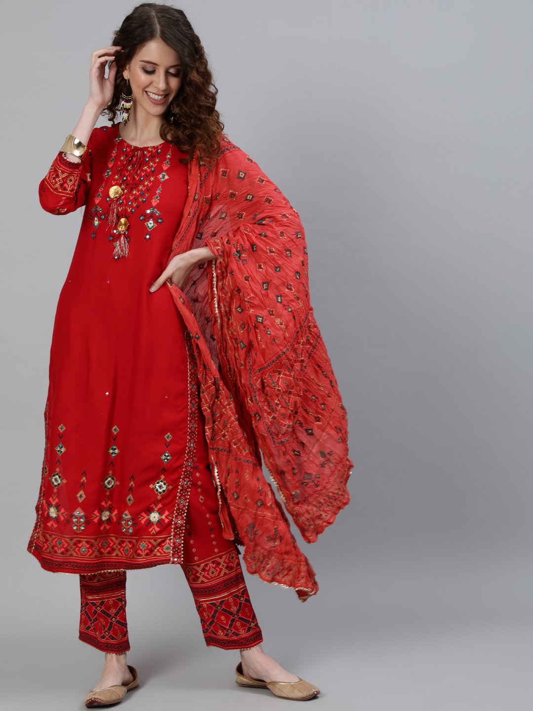 Ishin Women's Red Embroidered Straight Kurta With Trouser & Dupatta