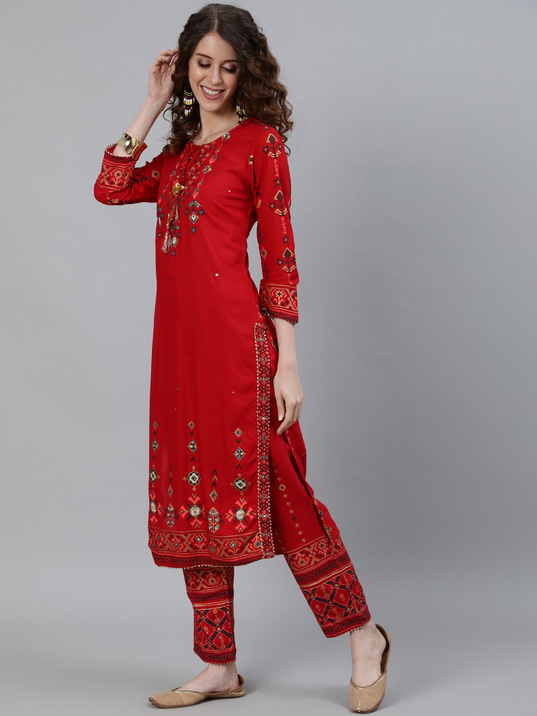 Ishin Women's Red Embroidered Straight Kurta With Trouser & Dupatta