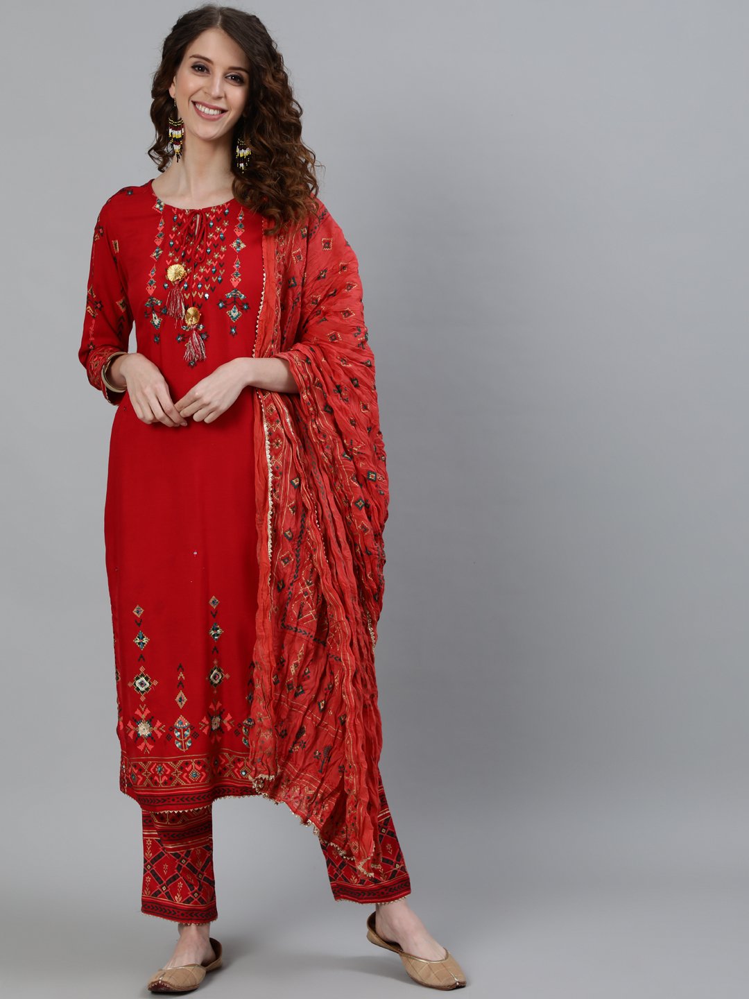 Ishin Women's Red Embroidered Straight Kurta With Trouser & Dupatta