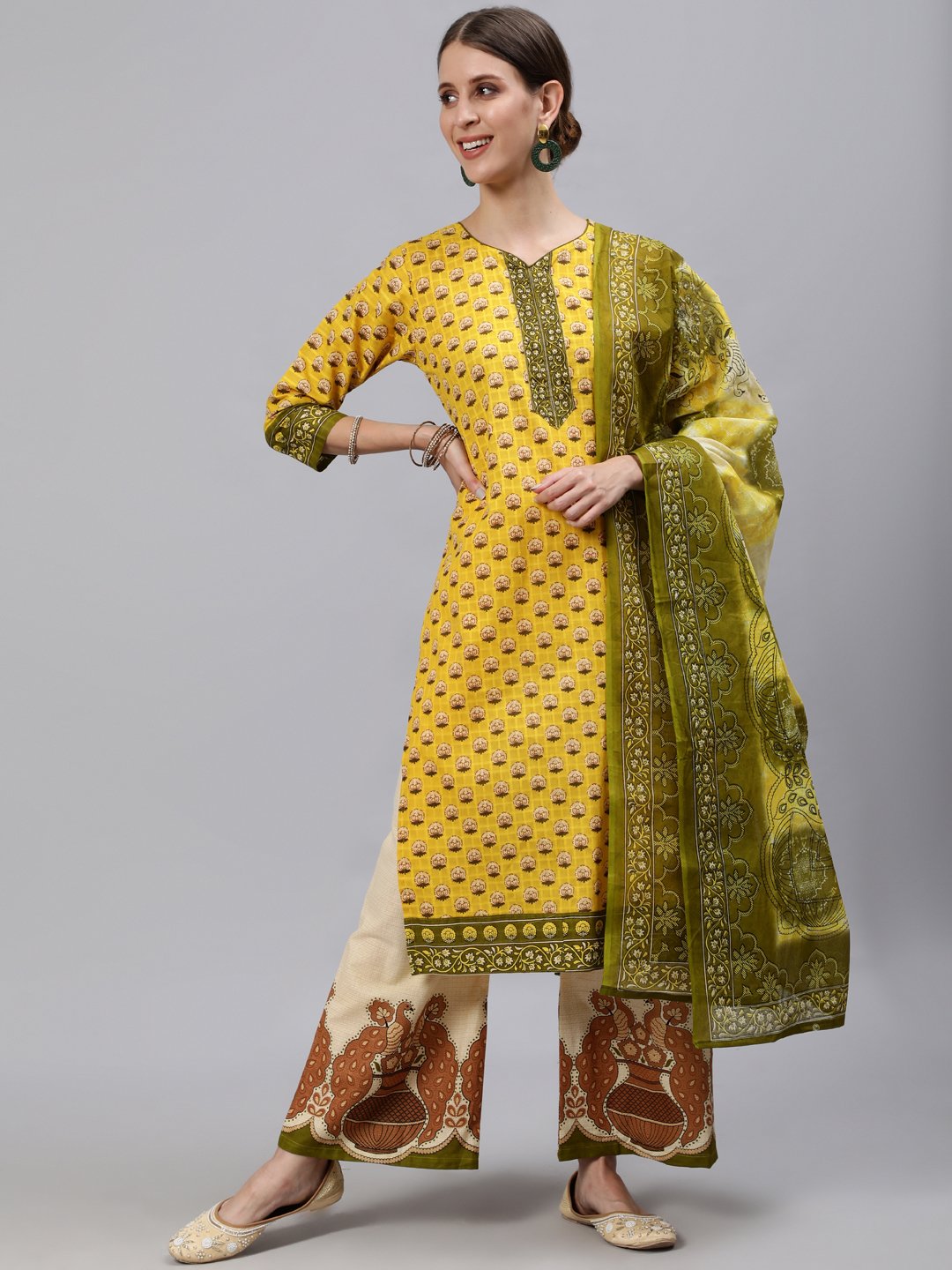 Ishin Women's Cotton Yellow & Cream Printed A-Line Kurta Palazzo Dupatta Set