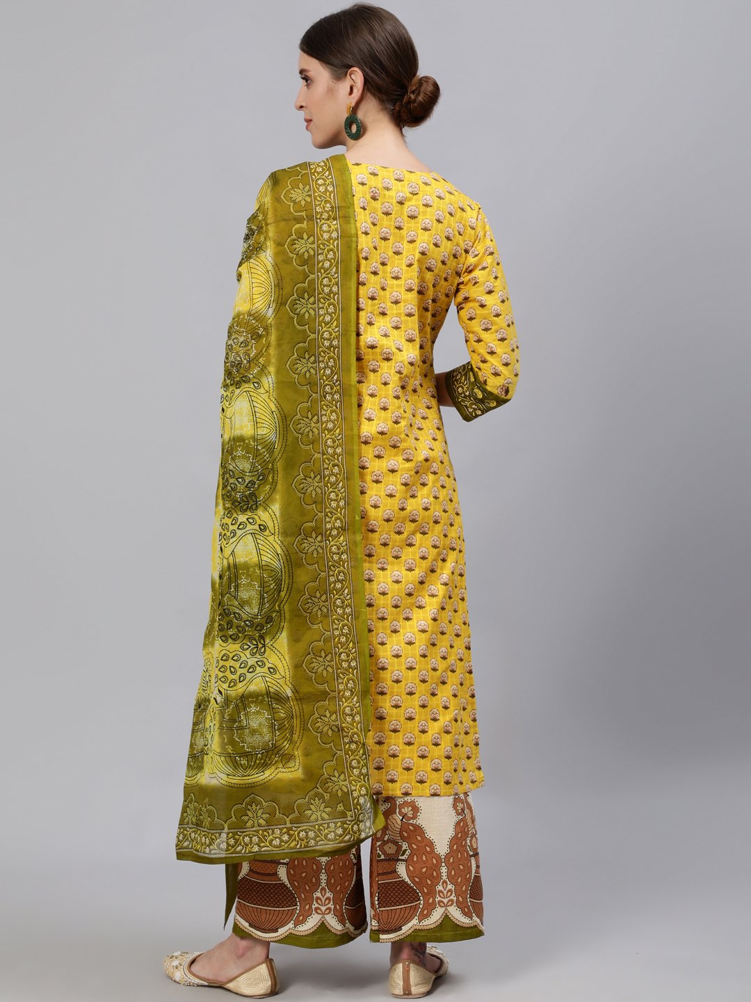 Ishin Women's Cotton Yellow & Cream Printed A-Line Kurta Palazzo Dupatta Set