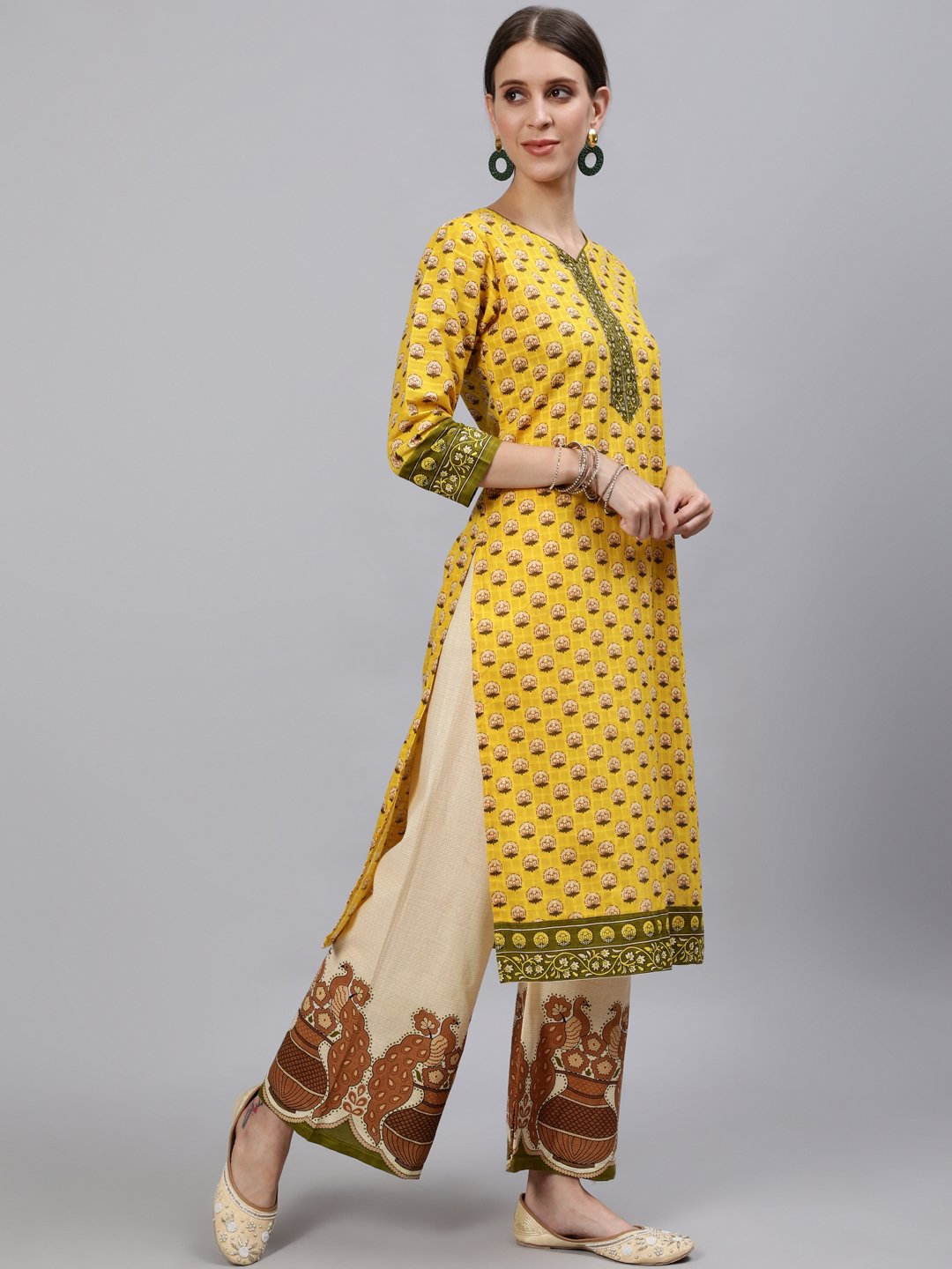 Ishin Women's Cotton Yellow & Cream Printed A-Line Kurta Palazzo Dupatta Set