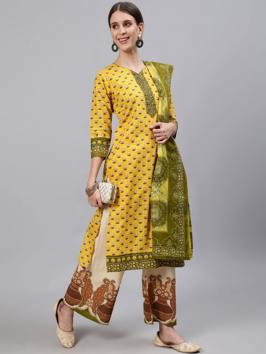 Ishin Women's Cotton Yellow & Cream Printed A-Line Kurta Palazzo Dupatta Set