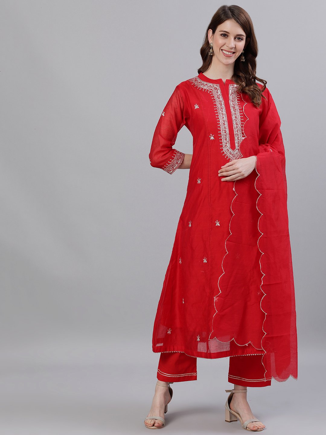 Ishin Women's Chanderi Silk Red Zari Embroidered A-Line Kurta Trouser Dupatta Set