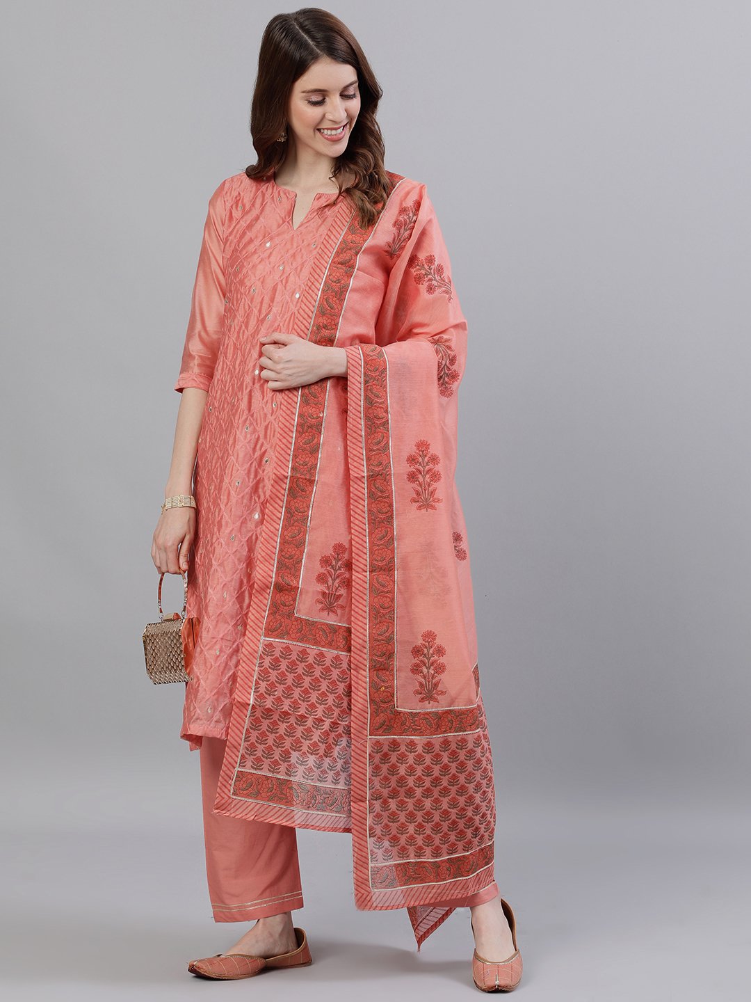 Ishin Women's Chanderi Silk Peach Gota Patti Embroidered A-Line Kurta Trouser Dupatta Set