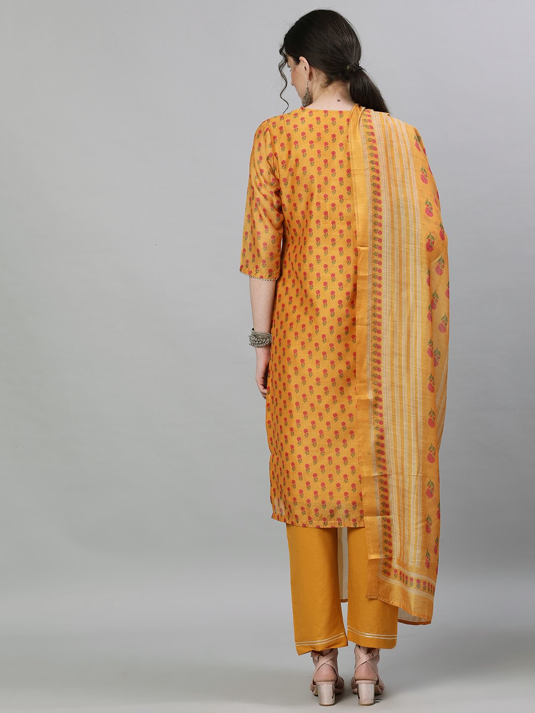 Ishin Women's Chanderi Silk Mustard Embellished Straight Kurta Trouser Dupatta Set