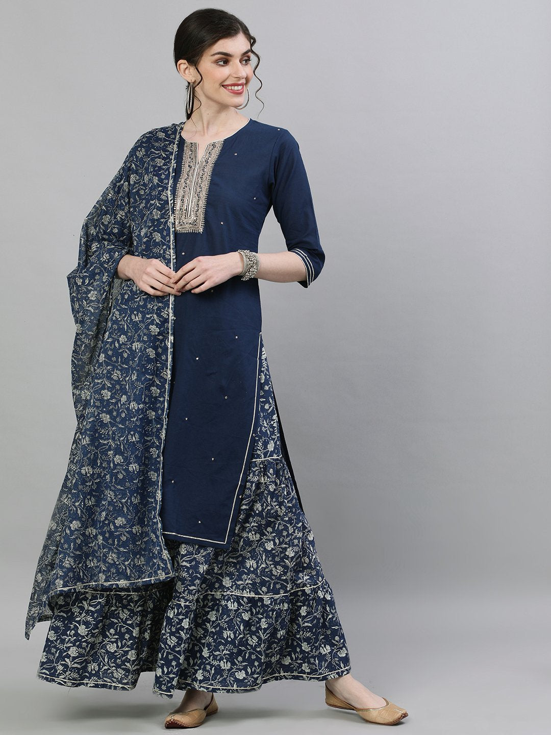 Ishin Women's Rayon Navy Blue Embellished Straight Kurta Sharara Dupatta Set