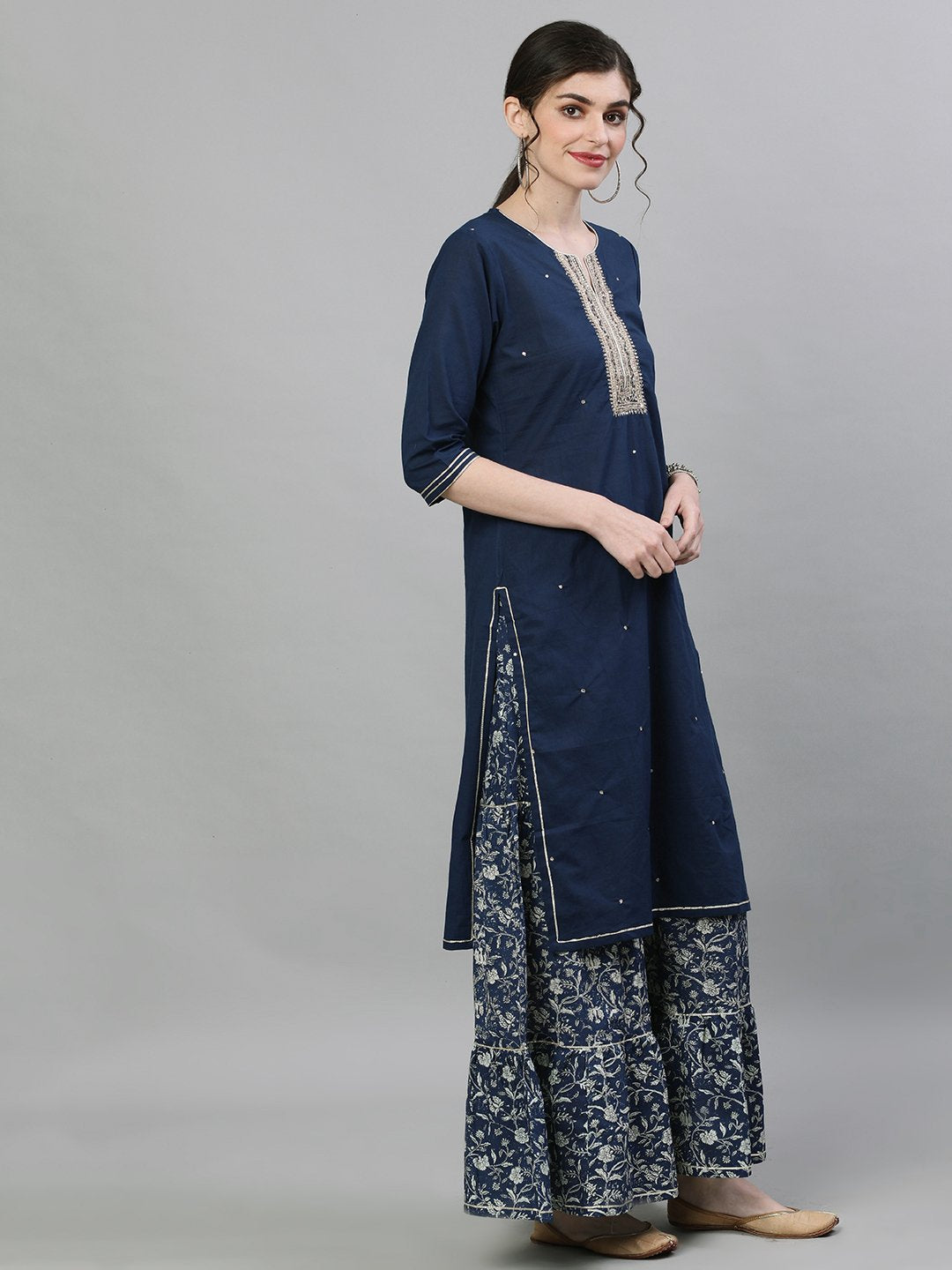 Ishin Women's Rayon Navy Blue Embellished Straight Kurta Sharara Dupatta Set