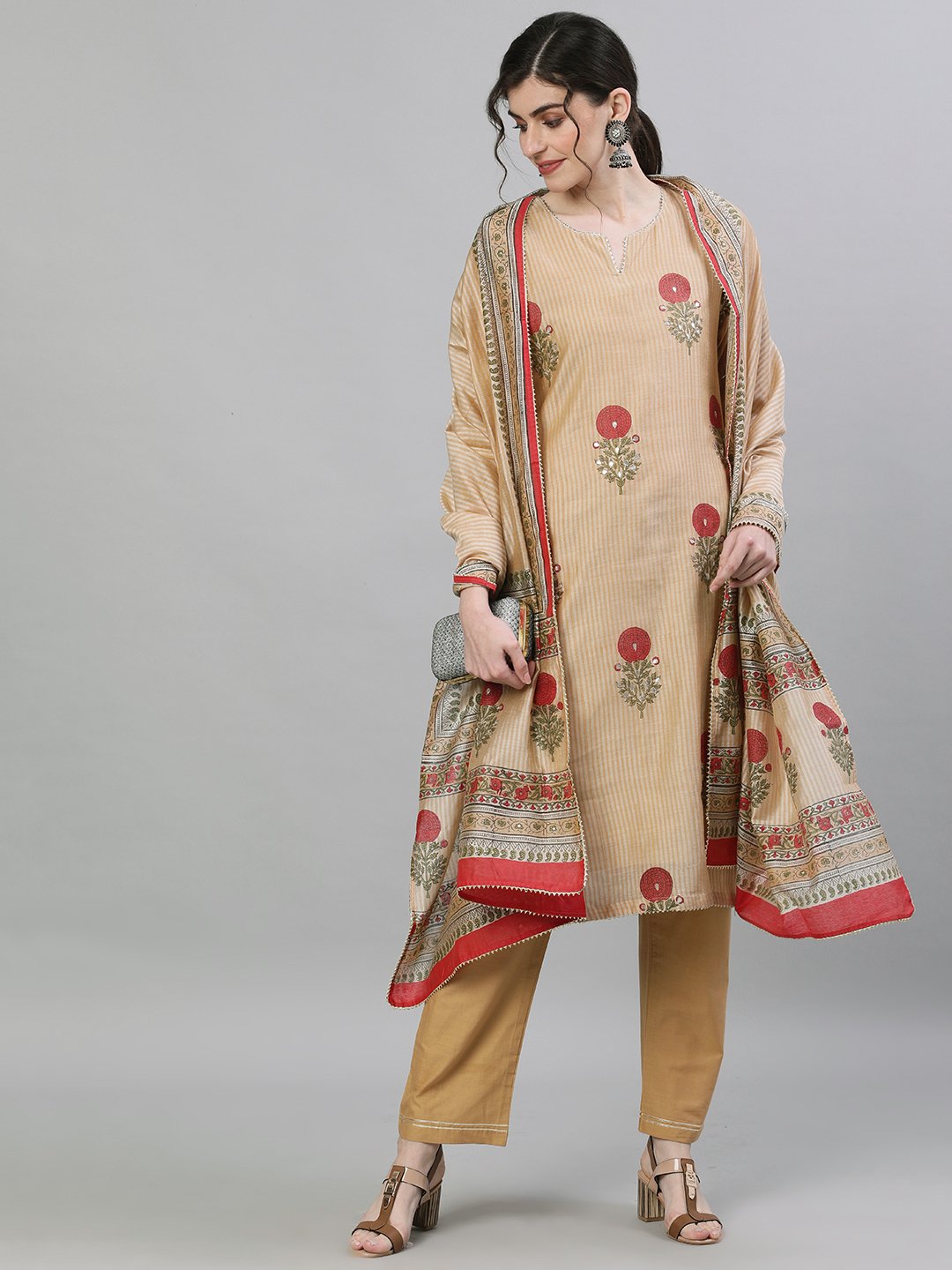 Ishin Women's Chanderi Silk Beige Embellished Straight Kurta Trouser Dupatta Set