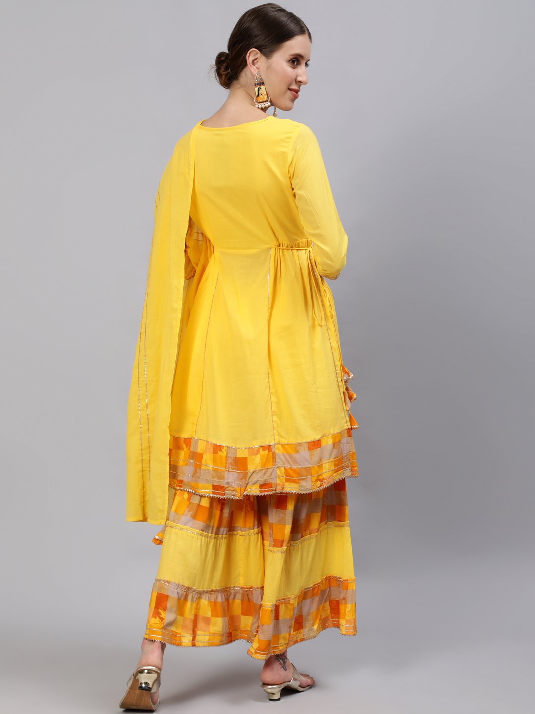 Ishin Women's Yellow Yoke Embroidered Kurta With Sharara & Dupatta