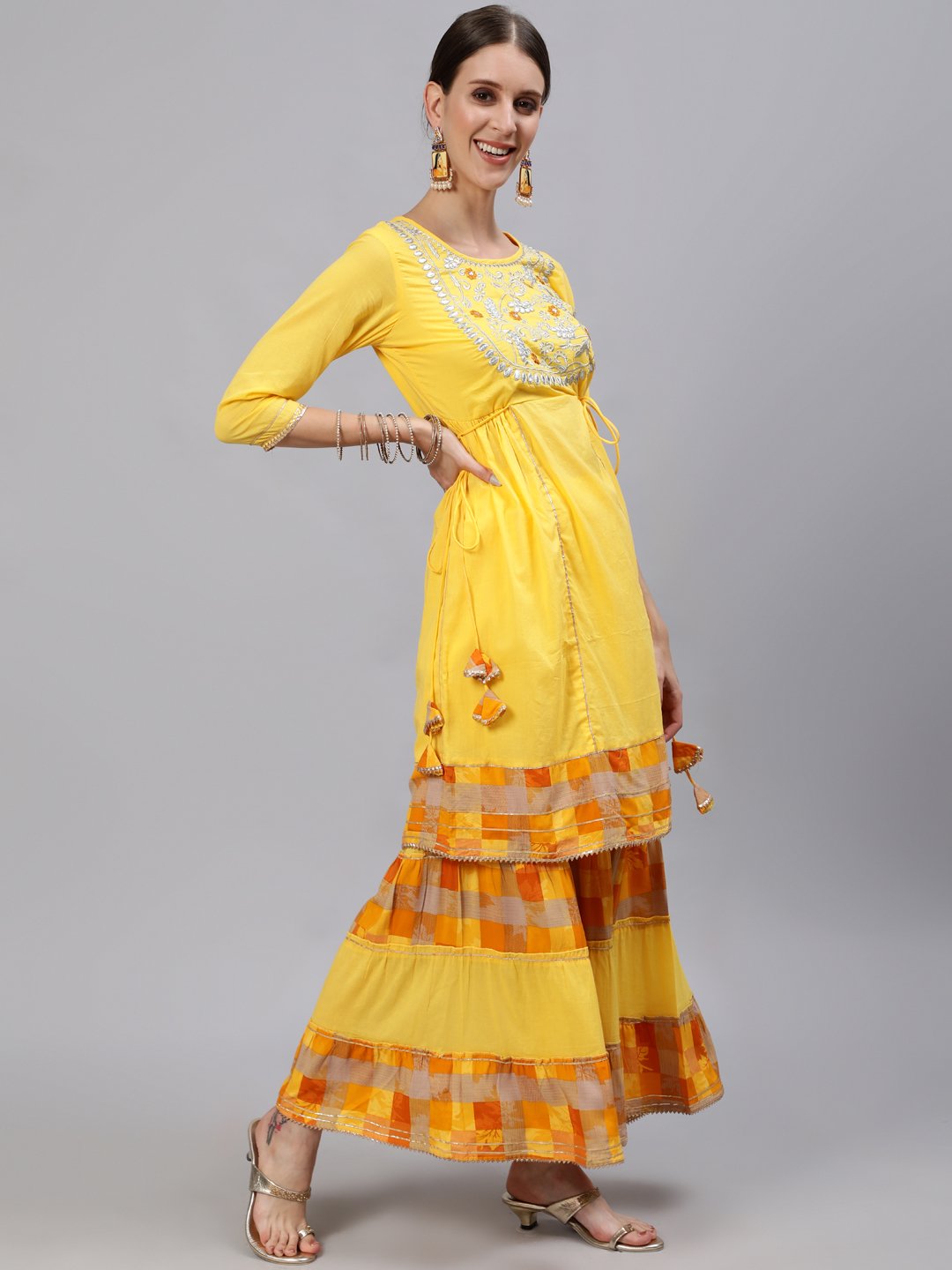 Ishin Women's Yellow Yoke Embroidered Kurta With Sharara & Dupatta