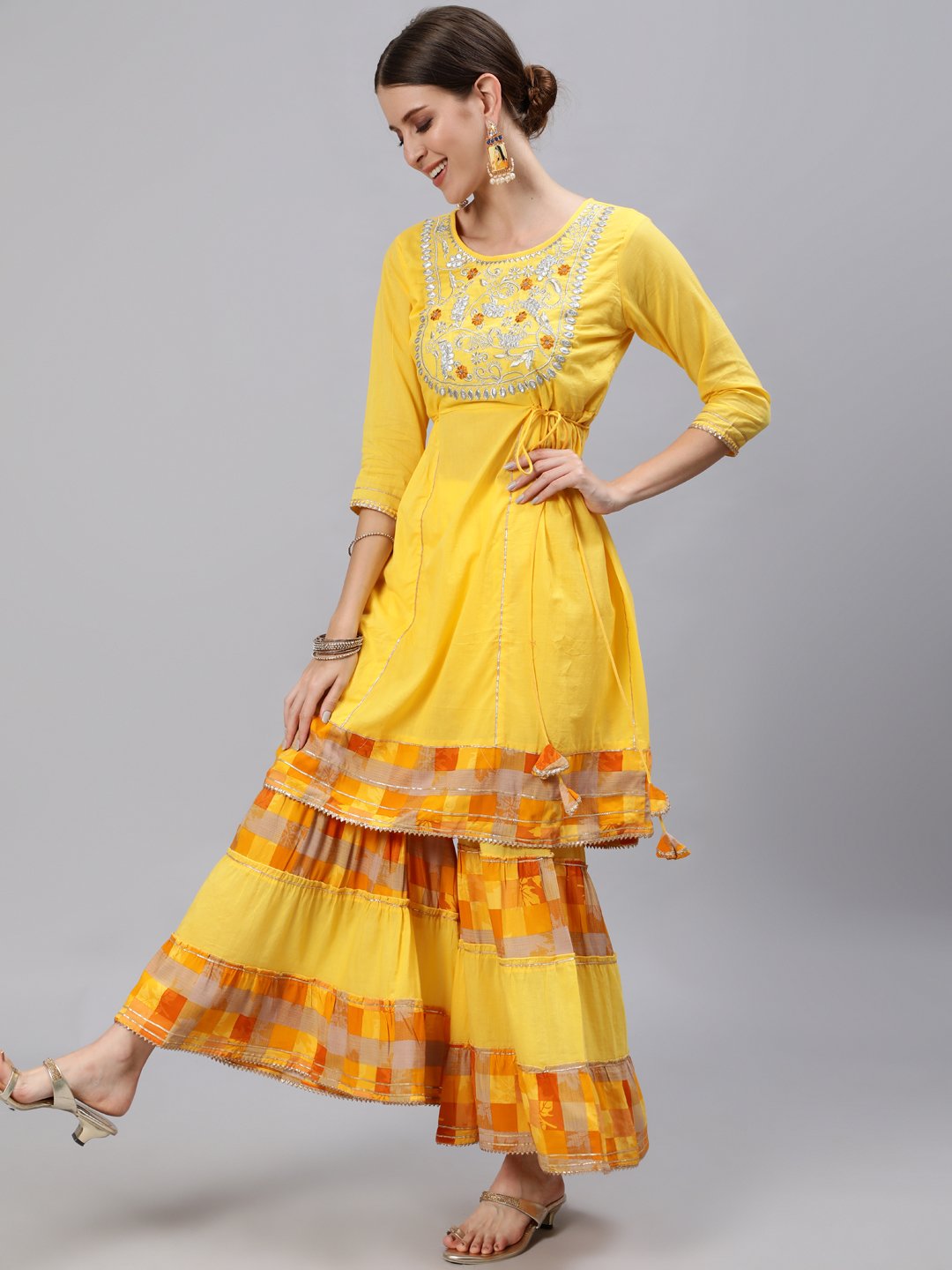 Ishin Women's Yellow Yoke Embroidered Kurta With Sharara & Dupatta