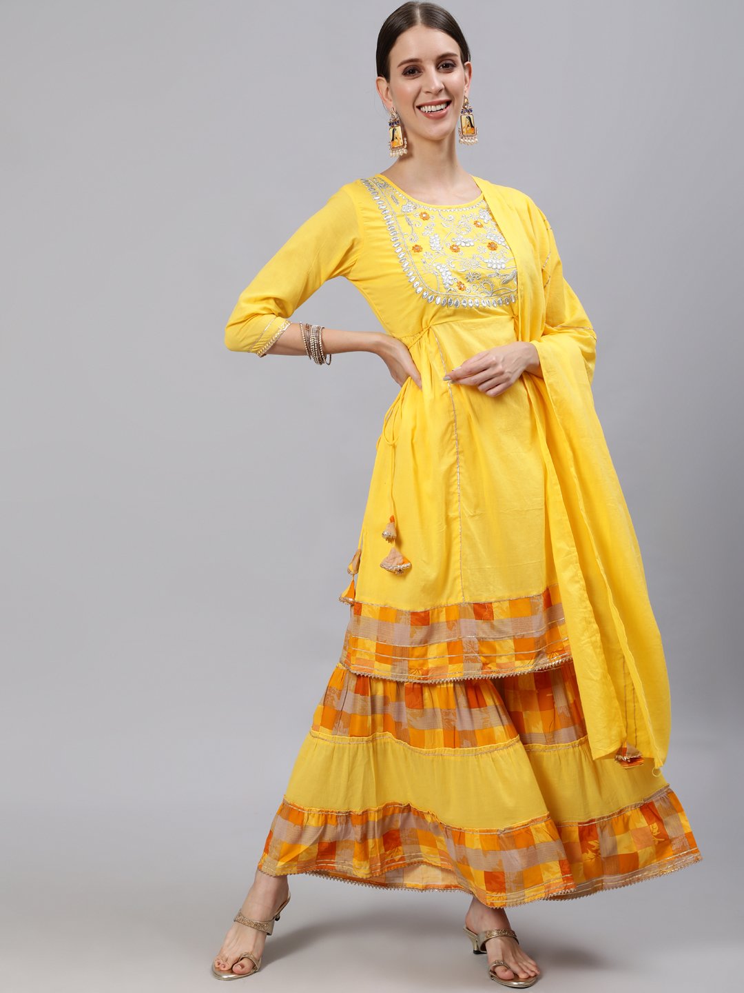 Ishin Women's Yellow Yoke Embroidered Kurta With Sharara & Dupatta