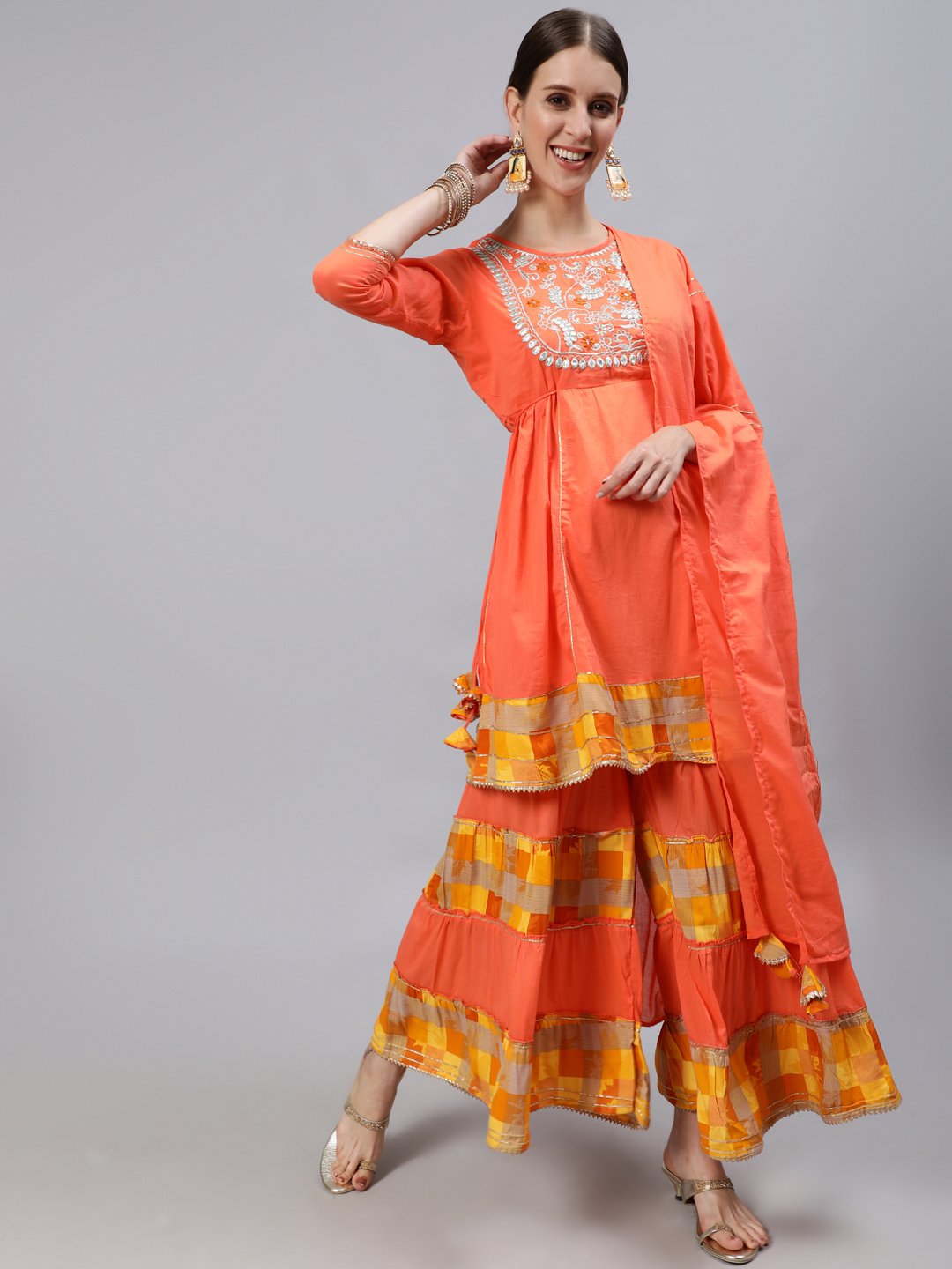 Ishin Women's Orange Yoke Embroidered Kurta With Sharara & Dupatta