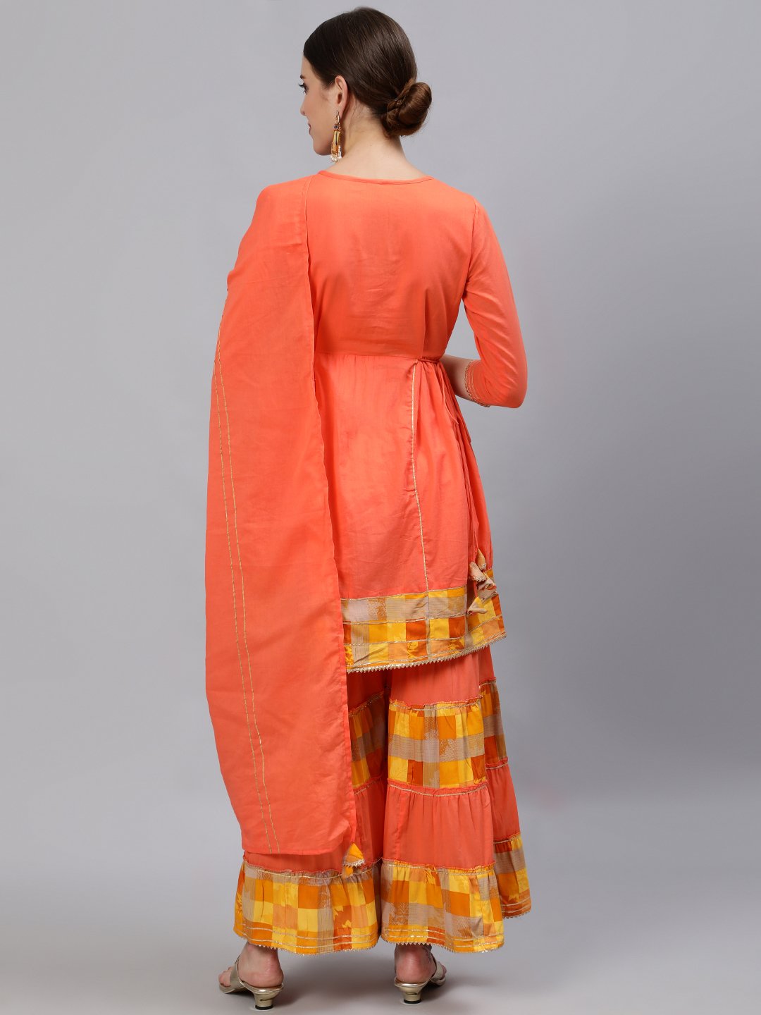 Ishin Women's Orange Yoke Embroidered Kurta With Sharara & Dupatta