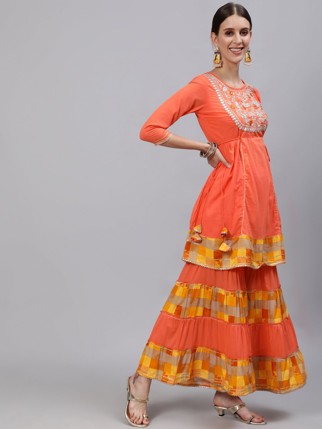 Ishin Women's Orange Yoke Embroidered Kurta With Sharara & Dupatta