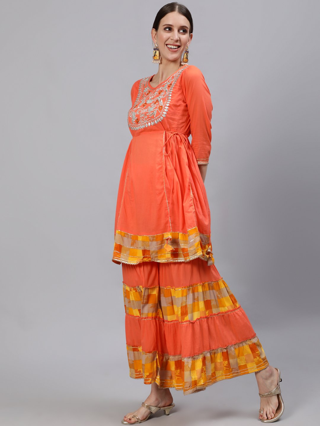 Ishin Women's Orange Yoke Embroidered Kurta With Sharara & Dupatta