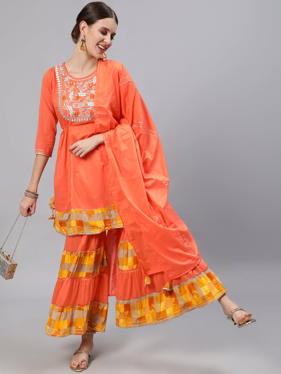 Ishin Women's Orange Yoke Embroidered Kurta With Sharara & Dupatta