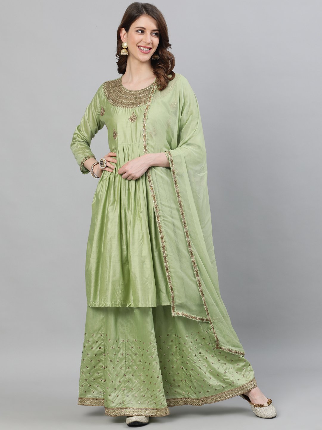 Ishin Women's Rayon Green Embroidered Anarkali Short Kurta Skirt Dupatta Set