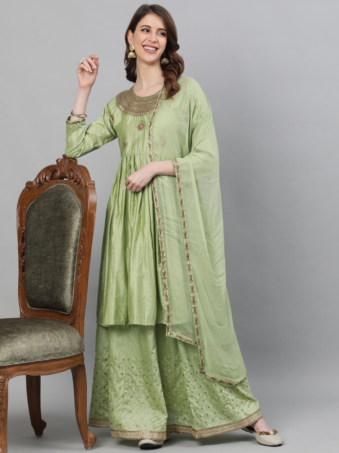 Ishin Women's Rayon Green Embroidered Anarkali Short Kurta Skirt Dupatta Set