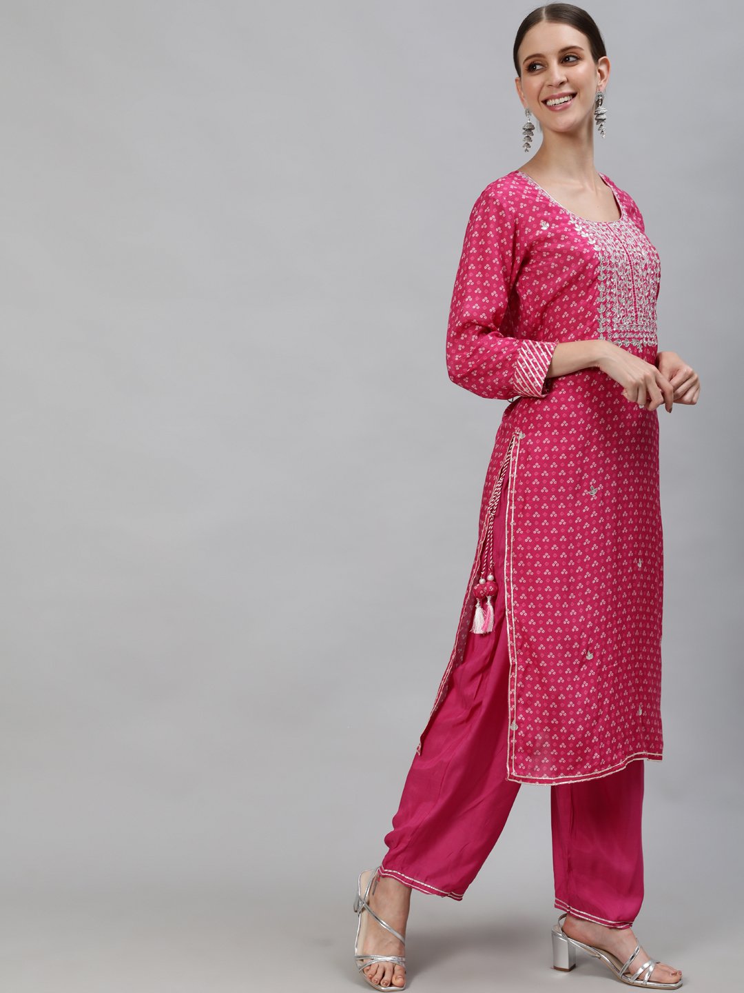 Ishin Women's Pink Zari Embroidered A-Line Kurta Palazzo Dupatta Set