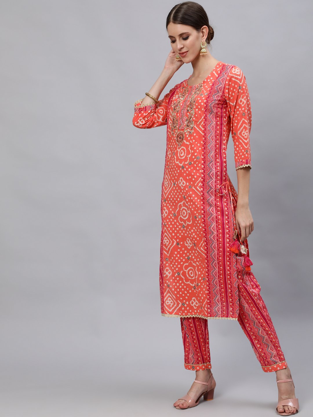 Ishin Women's Cotton Orange & Pink Embroidered A-Line Kurta Trouser Dupatta Set