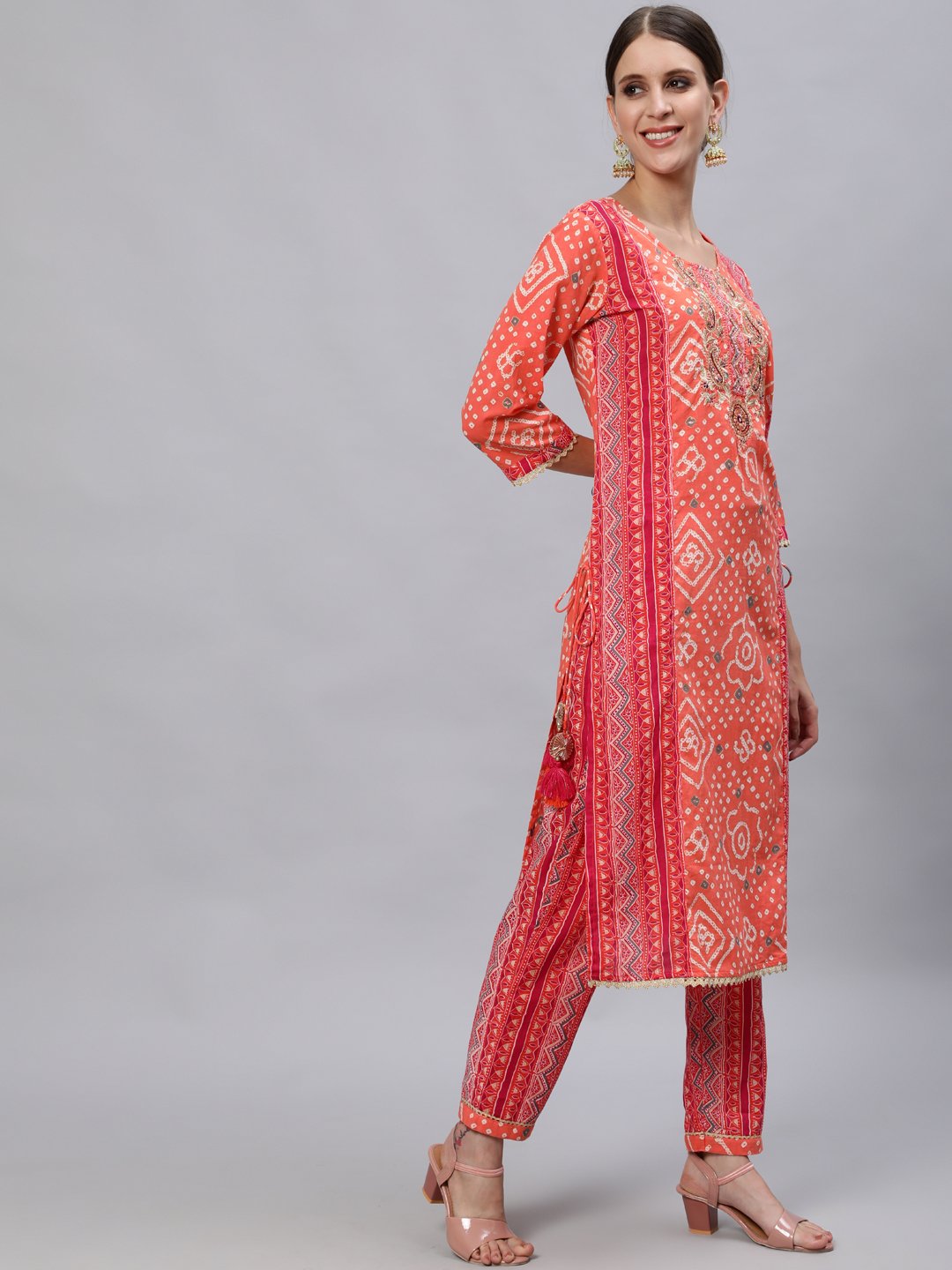 Ishin Women's Cotton Orange & Pink Embroidered A-Line Kurta Trouser Dupatta Set