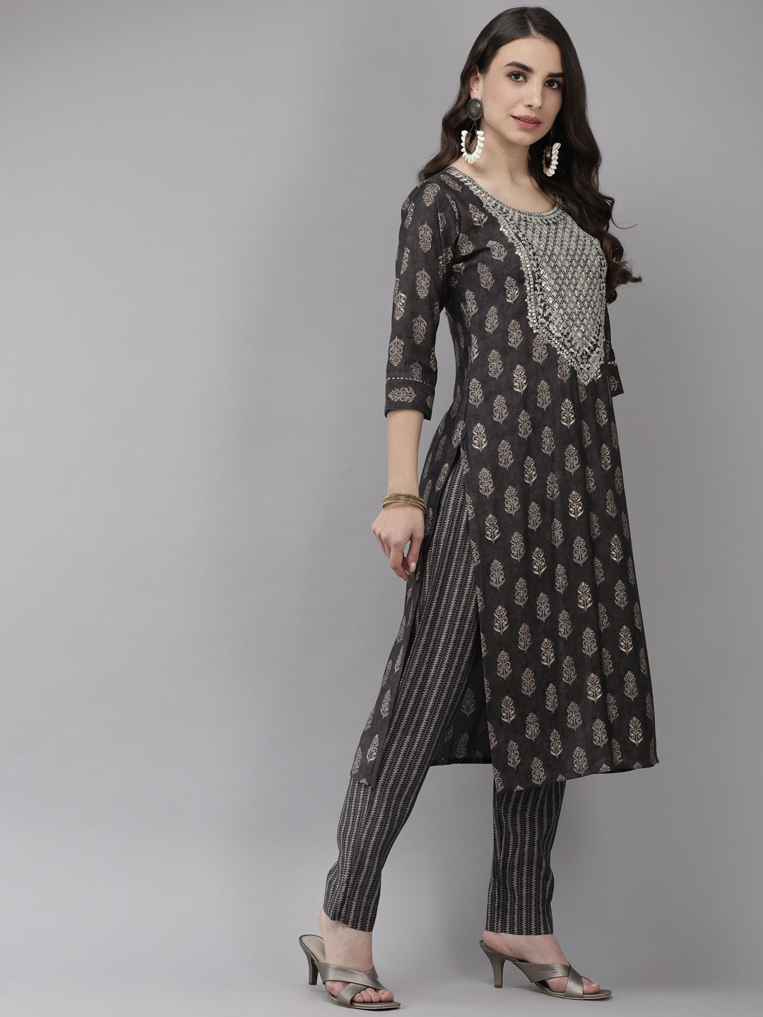 Ishin Women's Silk Blend Grey Embroidered A-Line Kurta Trouser Dupatta Set