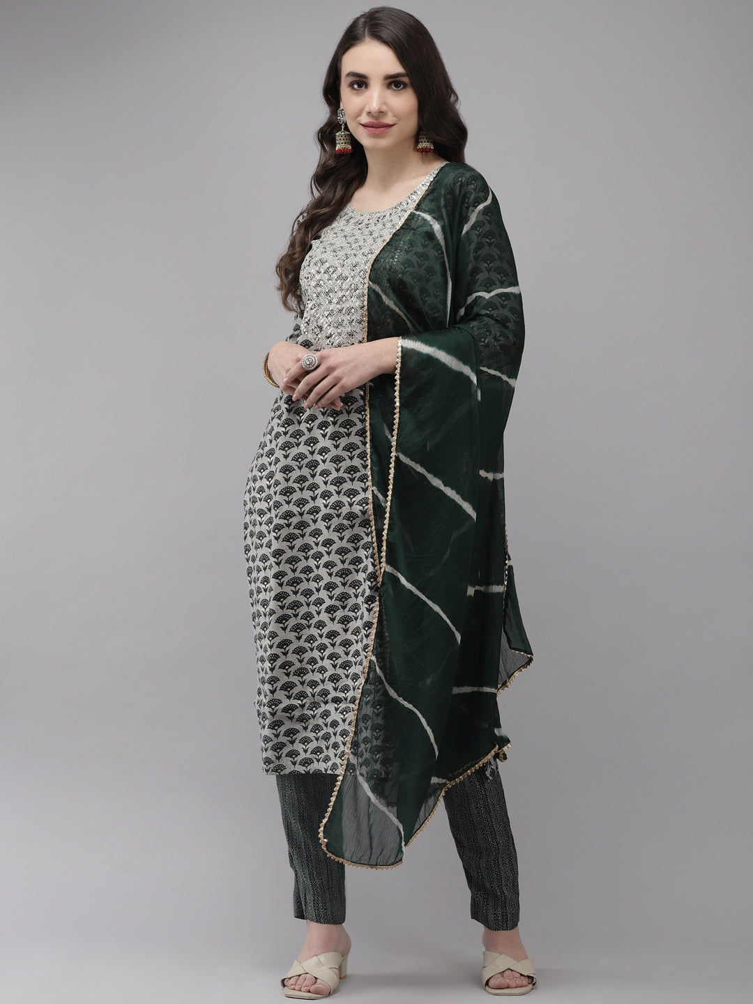 Ishin Women's Silk Blend Grey & Green Embroidered A-Line Kurta Trouser Dupatta Set