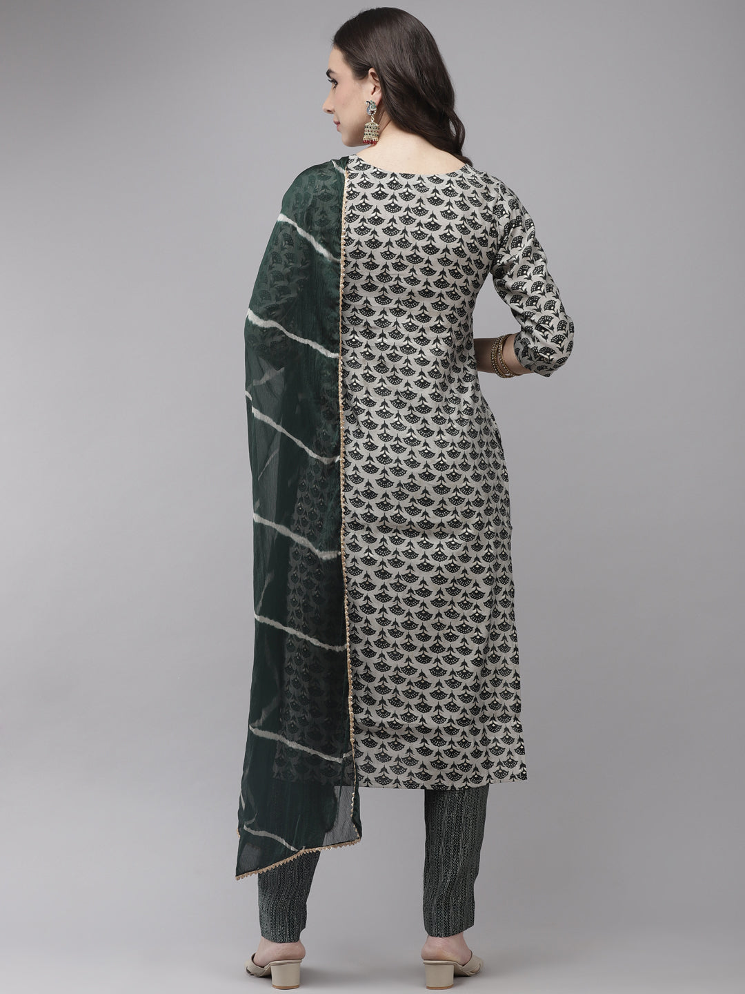 Ishin Women's Silk Blend Grey & Green Embroidered A-Line Kurta Trouser Dupatta Set