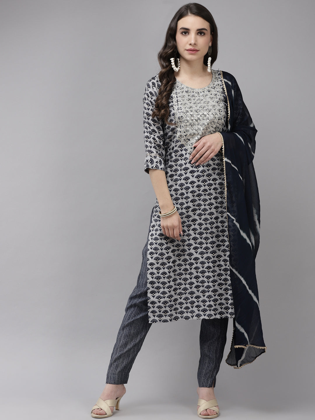 Ishin Women's Silk Blend Grey & Navy Blue Embroidered A-Line Kurta Trouser Dupatta Set