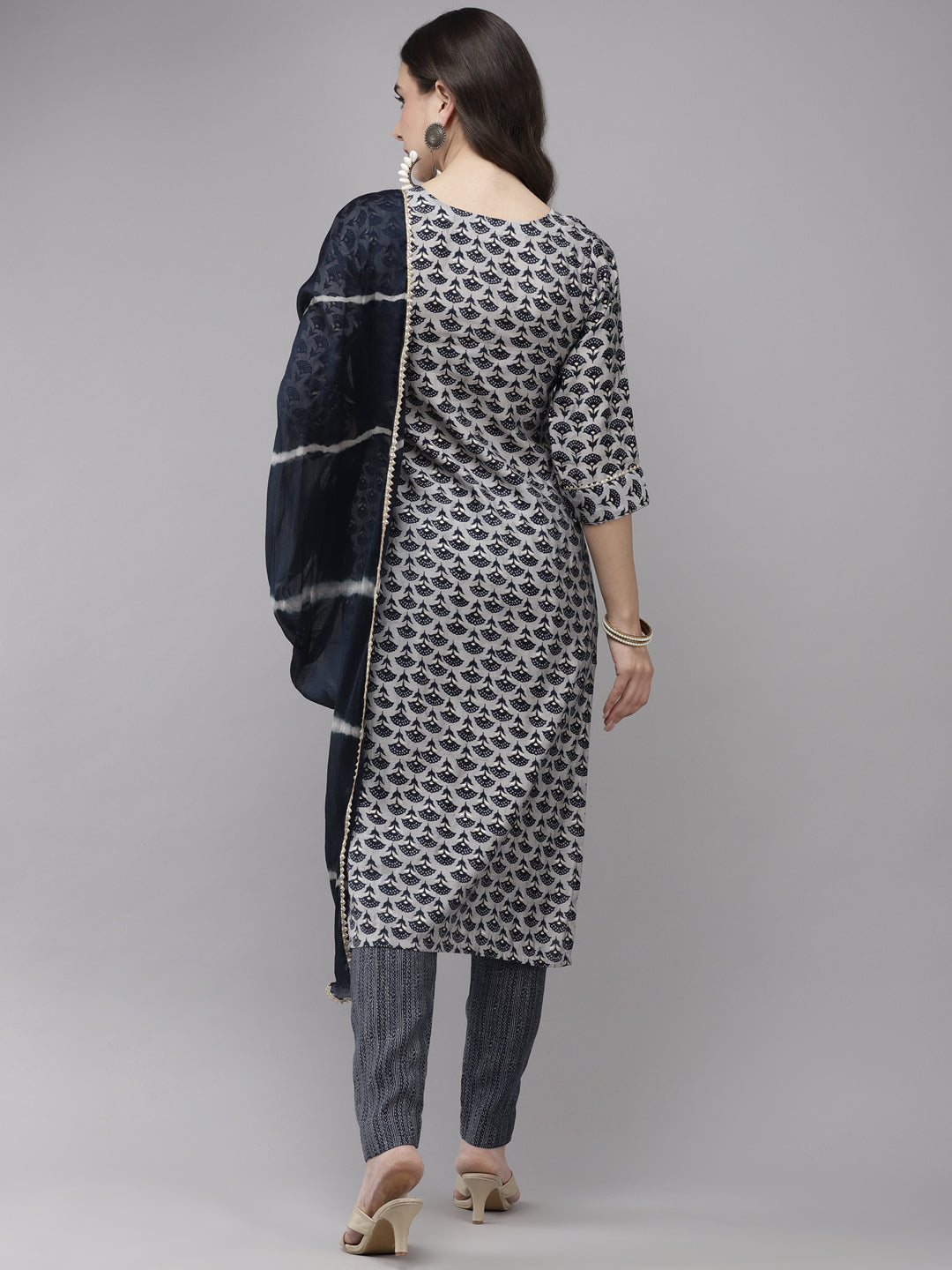 Ishin Women's Silk Blend Grey & Navy Blue Embroidered A-Line Kurta Trouser Dupatta Set