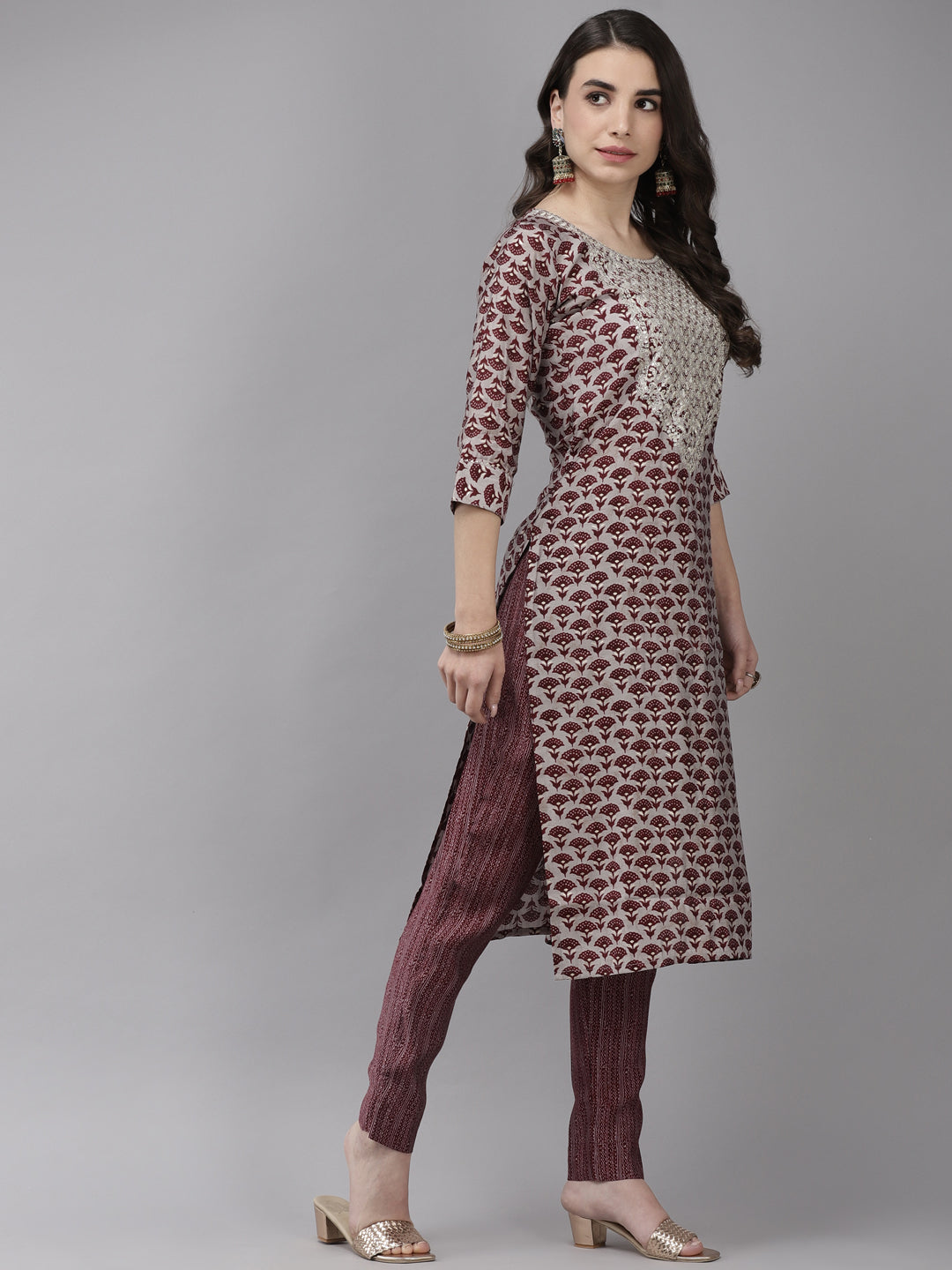 Ishin Women's Silk Blend Grey & Maroon Embroidered A-Line Kurta Trouser Dupatta Set