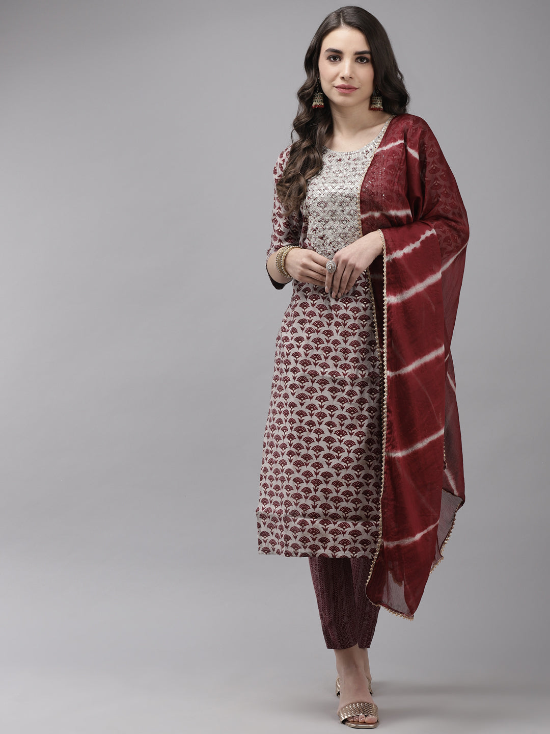 Ishin Women's Silk Blend Grey & Maroon Embroidered A-Line Kurta Trouser Dupatta Set