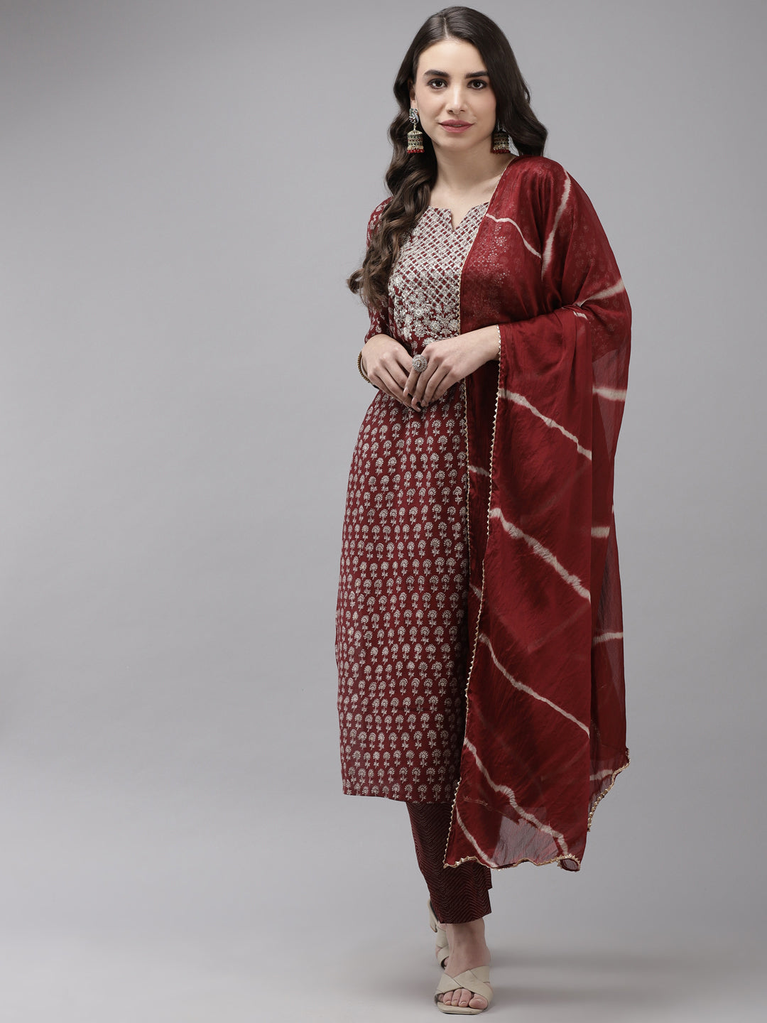 Ishin Women's Silk Blend Maroon Embroidered A-Line Kurta Trouser Dupatta Set