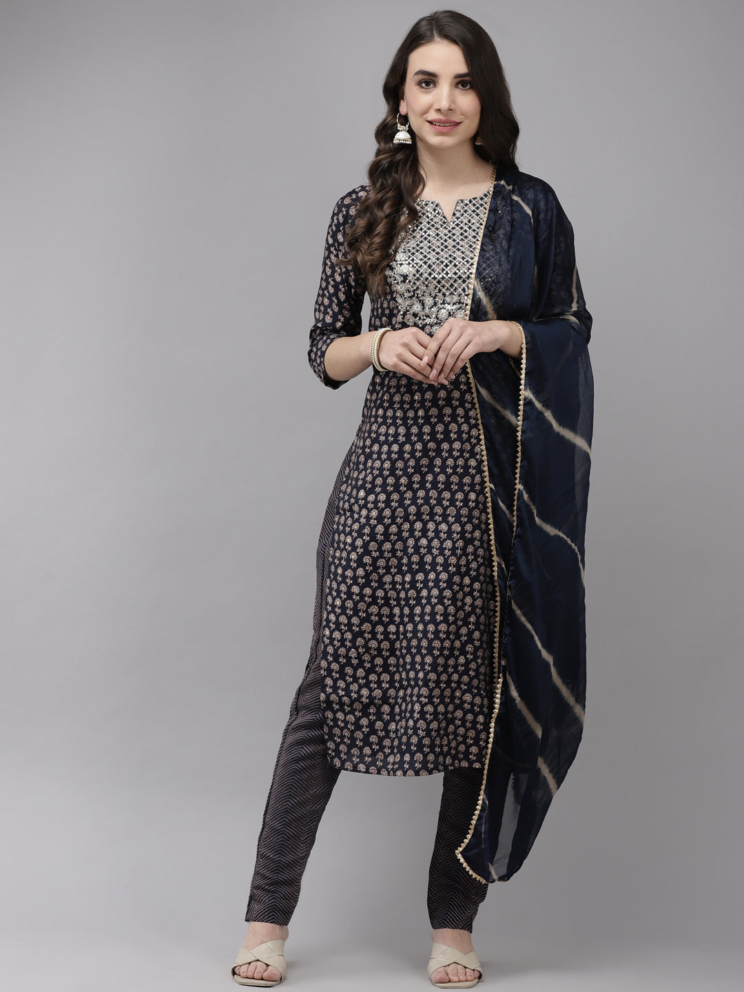 Ishin Women's Silk Blend Navy Blue Embroidered A-Line Kurta Trouser Dupatta Set