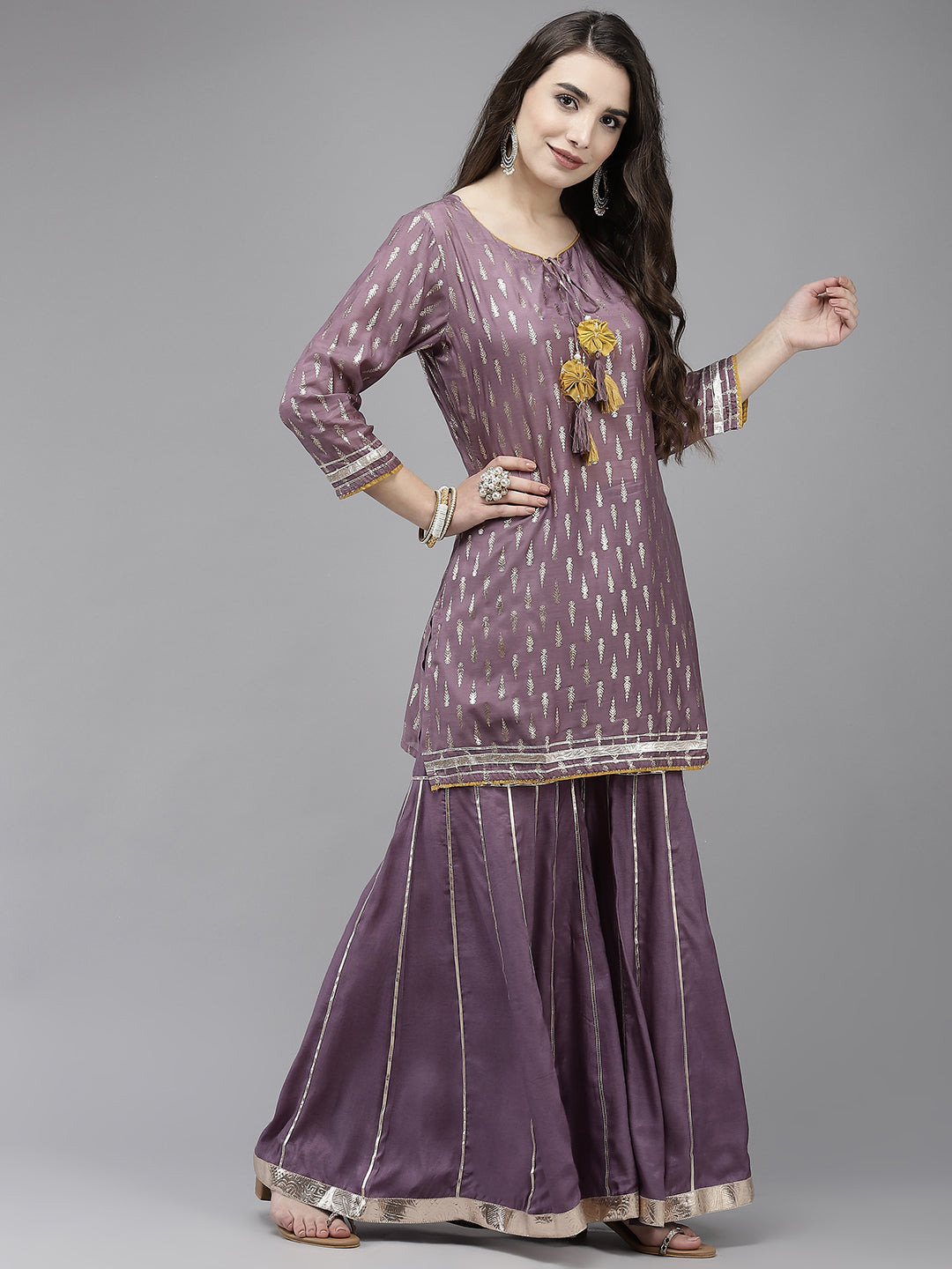 Ishin Women's Purple Foil Printed Kurta With Sharara & Dupatta